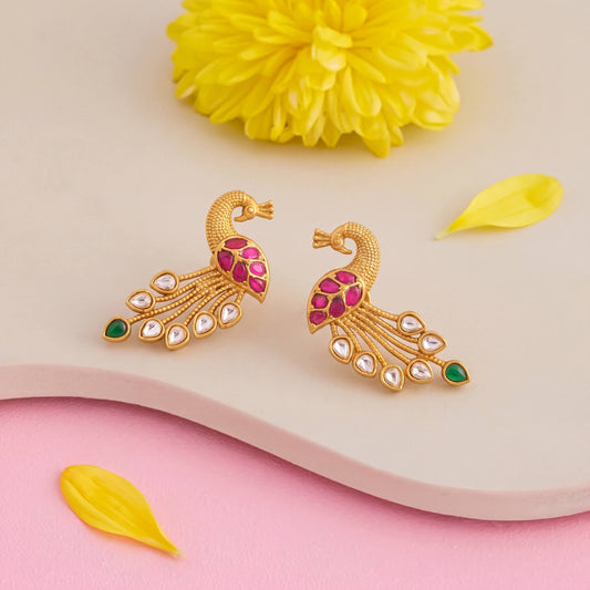 Stylish Jadau Kundan Peacock Design Stud Earrings - Handcrafted Indian Bridal Jewelry by Dulhan Jewels