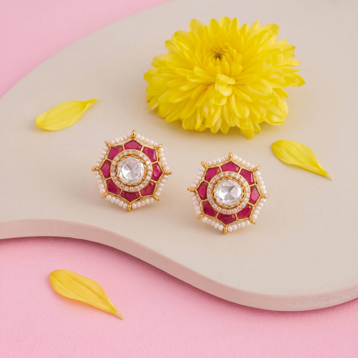 Floral Stud Earrings With Pearl Bordering
