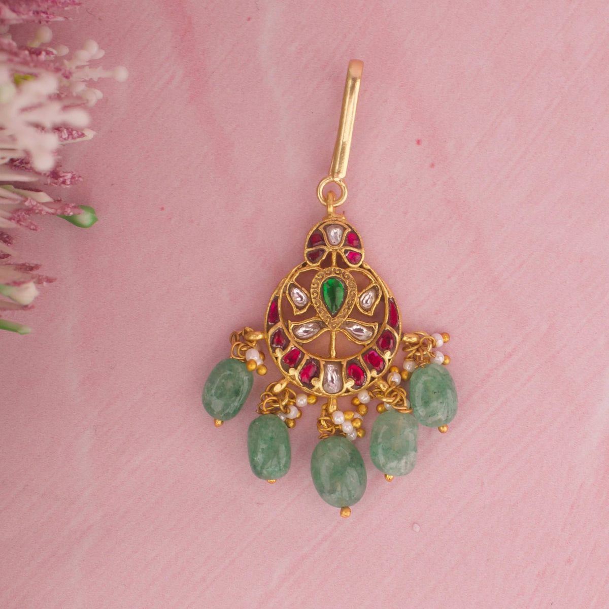 Ethnic Mini Jadau Kundan Maang Tikka With Green Beads