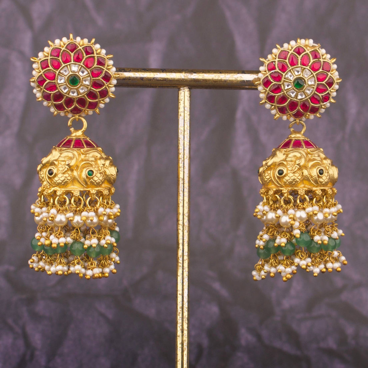 Temple Style Jadau Kundan Jhumki Earrings With Pearl Drops