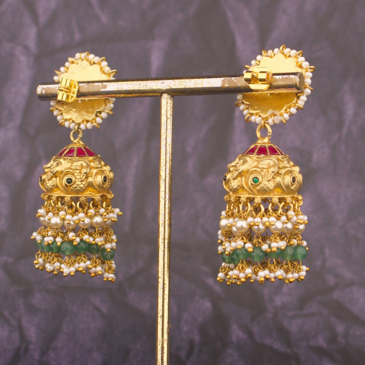 Temple Style Jadau Kundan Jhumki Earrings With Pearl Drops