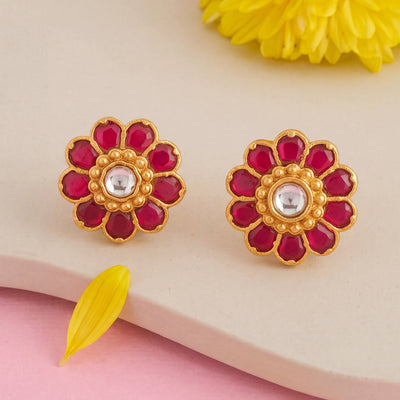 Floral Design Jadau Kundan Stud Earrings - Handcrafted Indian Bridal Jewelry by Dulhan Jewels