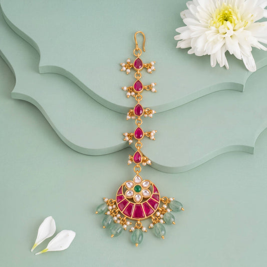 Radiant Jadau Kundan Maang Tikka With Green Drops - Handcrafted Indian Bridal Jewelry by Dulhan Jewels