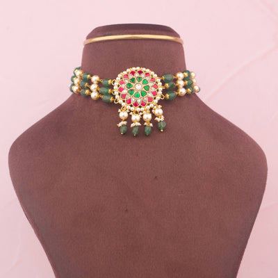 Floral Design Jadau Kundan Choker With Emerald Drops - Handcrafted Indian Bridal Jewelry by Dulhan Jewels