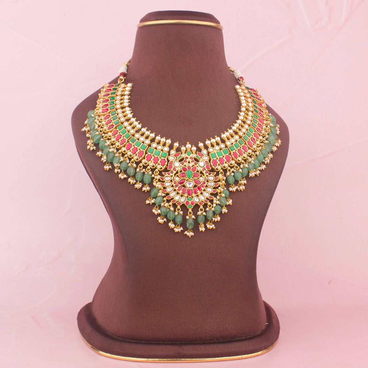 Traditional Jadau Kundan Necklace With Emerald Drops - Handcrafted Indian Bridal Jewelry by Dulhan Jewels