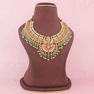 Traditional Jadau Kundan Necklace With Emerald Drops - Handcrafted Indian Bridal Jewelry by Dulhan Jewels