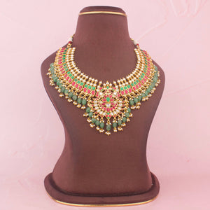 Traditional Jadau Kundan Necklace With Emerald Drops - Handcrafted Indian Bridal Jewelry by Dulhan Jewels