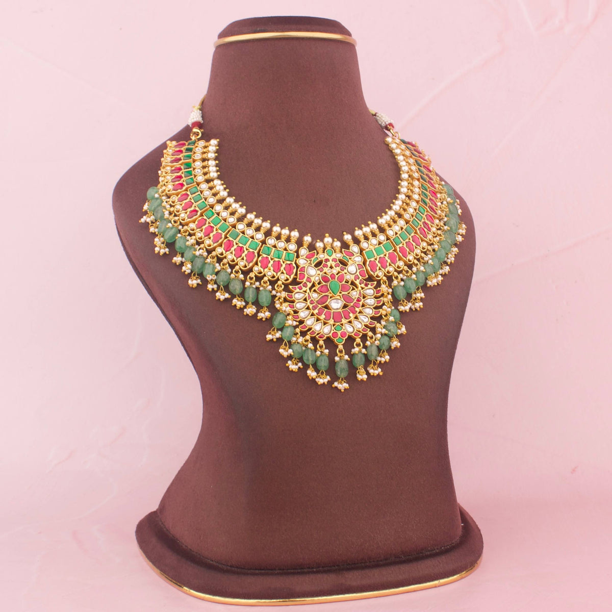 Traditional Jadau Kundan Necklace With Emerald Drops Craftsmanship & Detail View - Dulhan Jewels