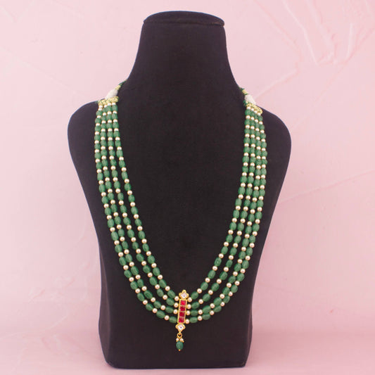 Ethnic Jadau Kundan Multi-Strand Beads Mala Necklace - Handcrafted Indian Bridal Jewelry by Dulhan Jewels