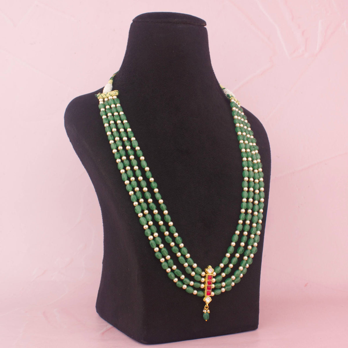 Ethnic Jadau Kundan Multi-Strand Beads Mala Necklace Craftsmanship & Detail View - Dulhan Jewels