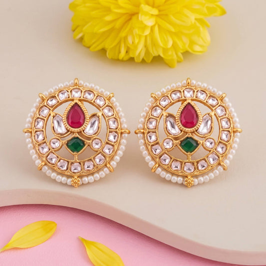 Regal Jadau Kundan Stud Earrings With Pearl Bordering - Handcrafted Indian Bridal Jewelry by Dulhan Jewels