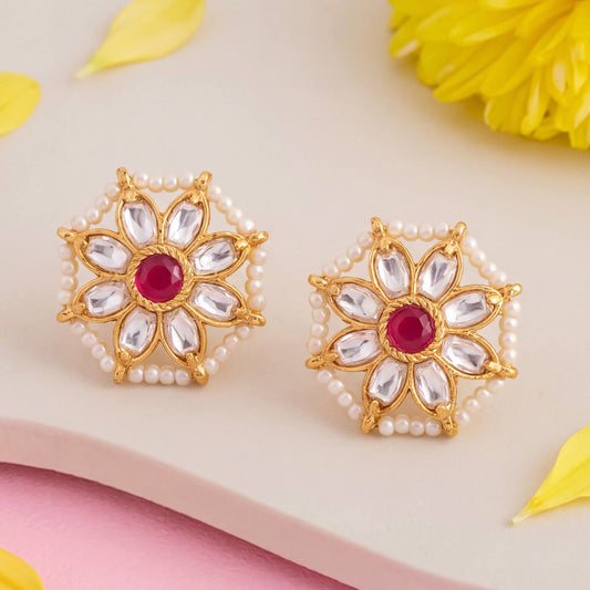 Jadau Kundan Stud Earrings With Pearl Bordering - Handcrafted Indian Bridal Jewelry by Dulhan Jewels