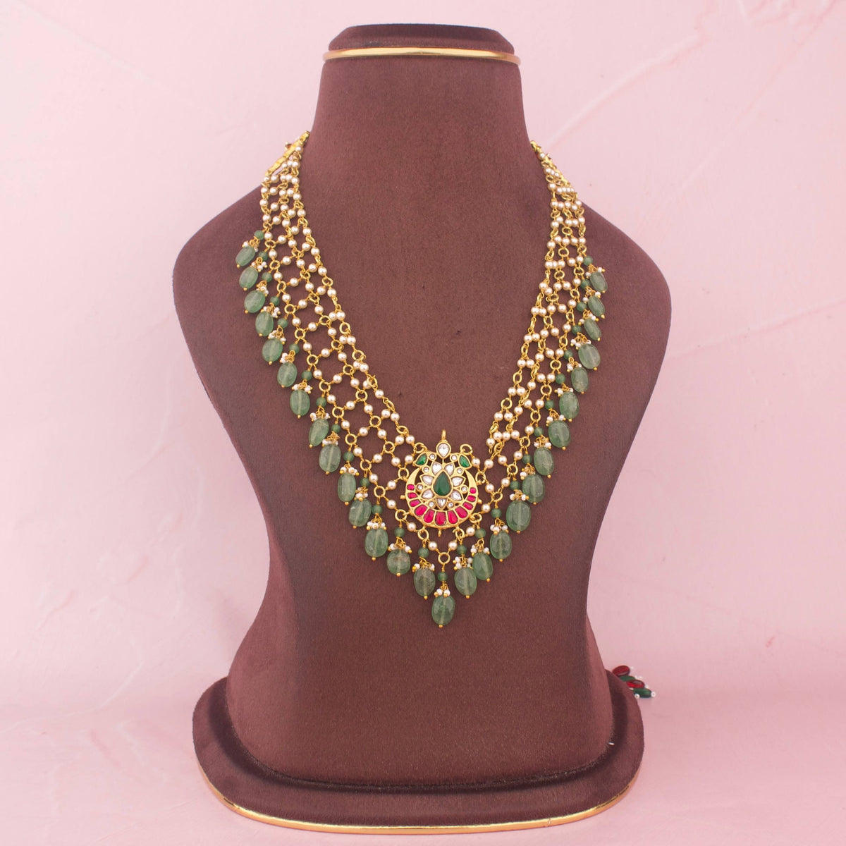 Classic Jadau Kundan Necklace With Green Beads