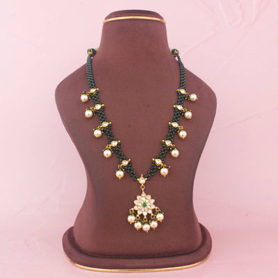 Simple Green Beaded Jadau Kundan Pearl Necklace With Floral Pendant