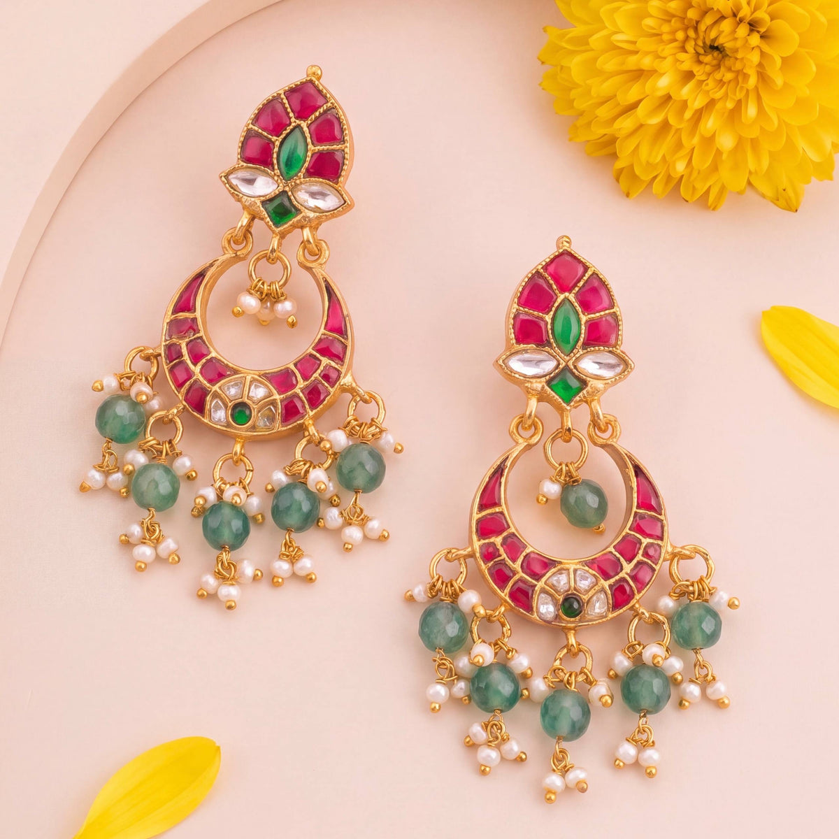 Exquisite Jadau Kundan Chandbali With Pearl And Green Bead Drops