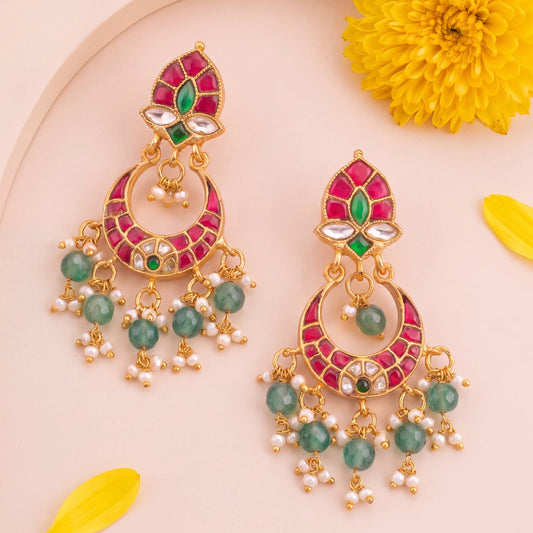 Exquisite Jadau Kundan Chandbali With Pearl And Green Bead Drops