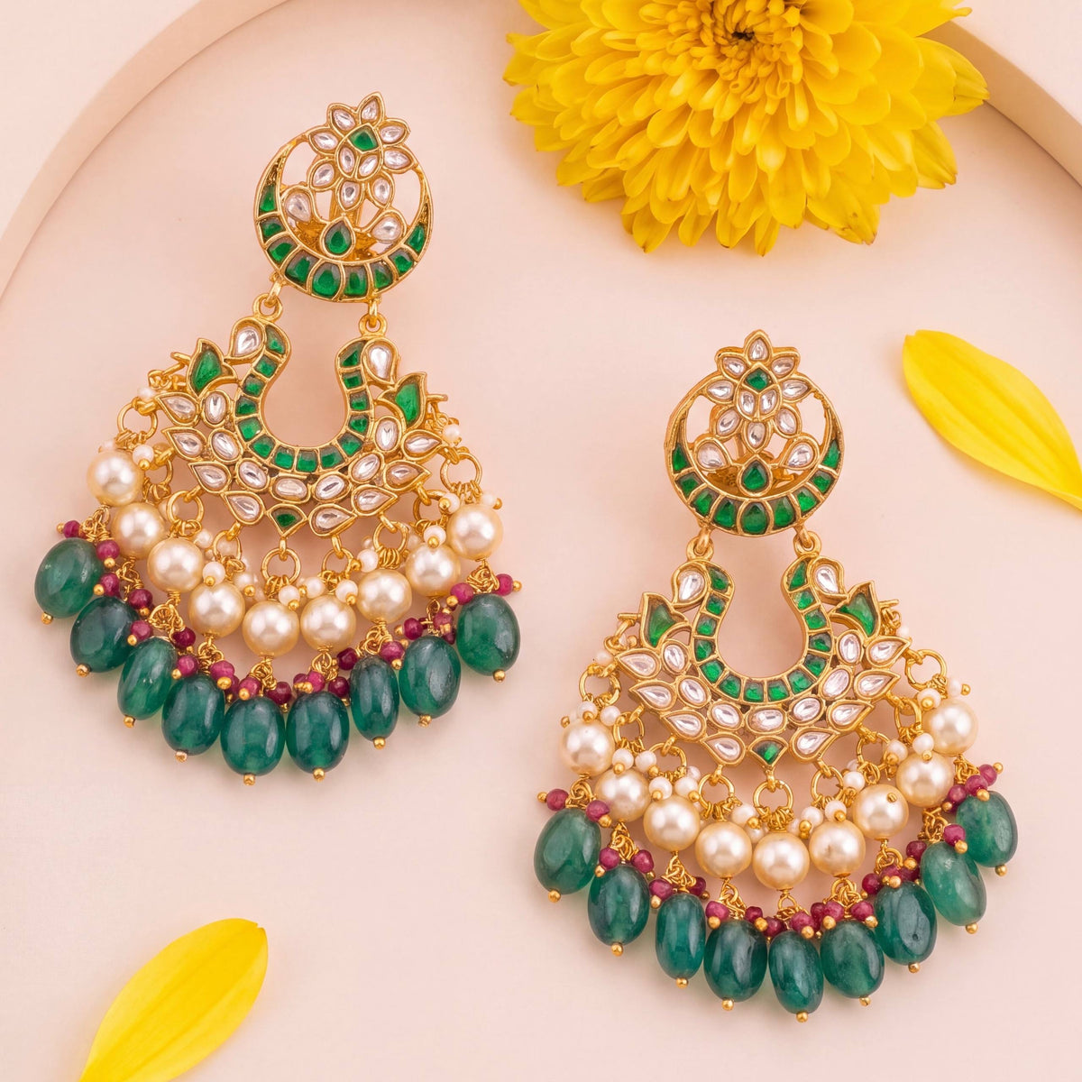 Chand Studded Jadau Kundan Chandbali Earrings - Handcrafted Indian Bridal Jewelry by Dulhan Jewels