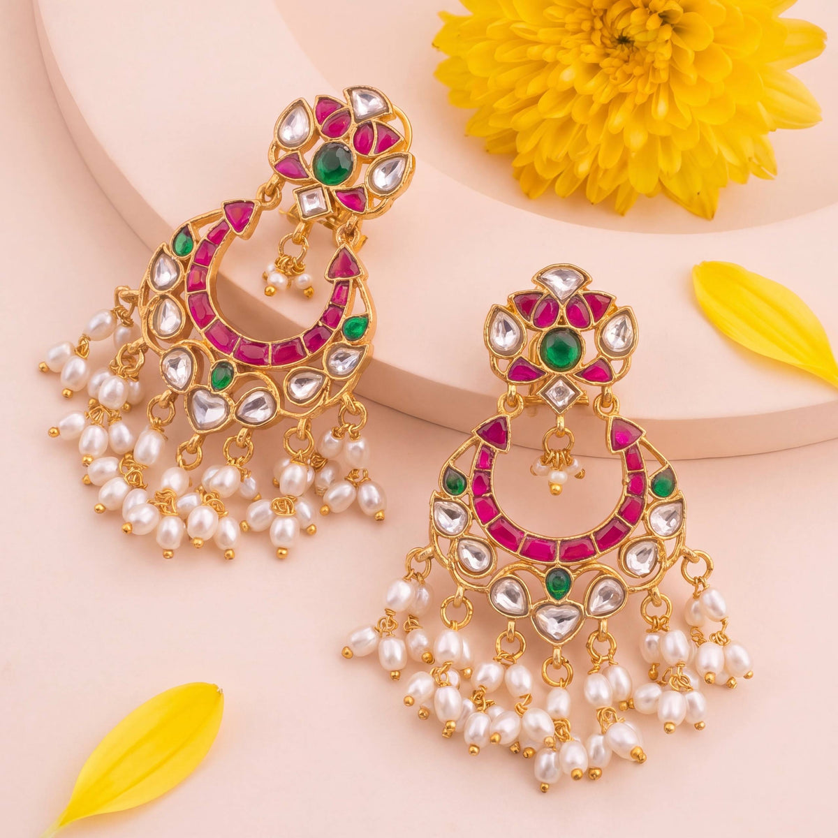 Elite Jadau Kundan Chandbali Earrings With Pearl Dangling Drops