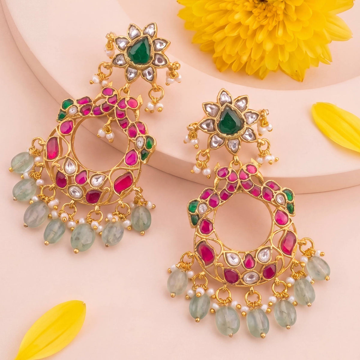Statement Peacock Floral Design Jadau Kundan ChandBali Earrings - Handcrafted Indian Bridal Jewelry by Dulhan Jewels