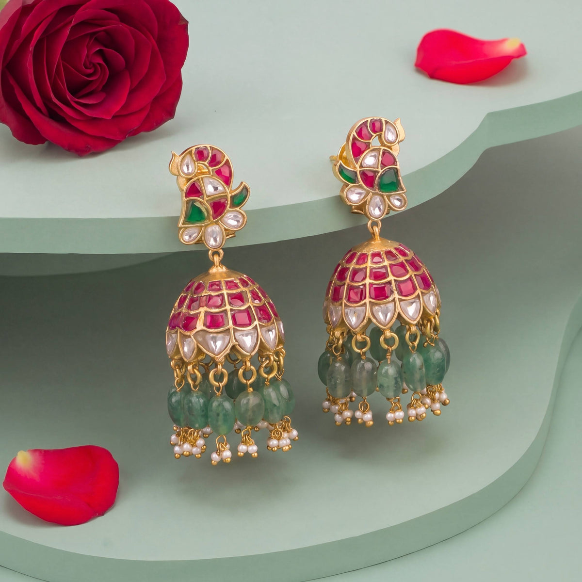 Peacock Design Studded Jadau Kundan Jhumki with Beads