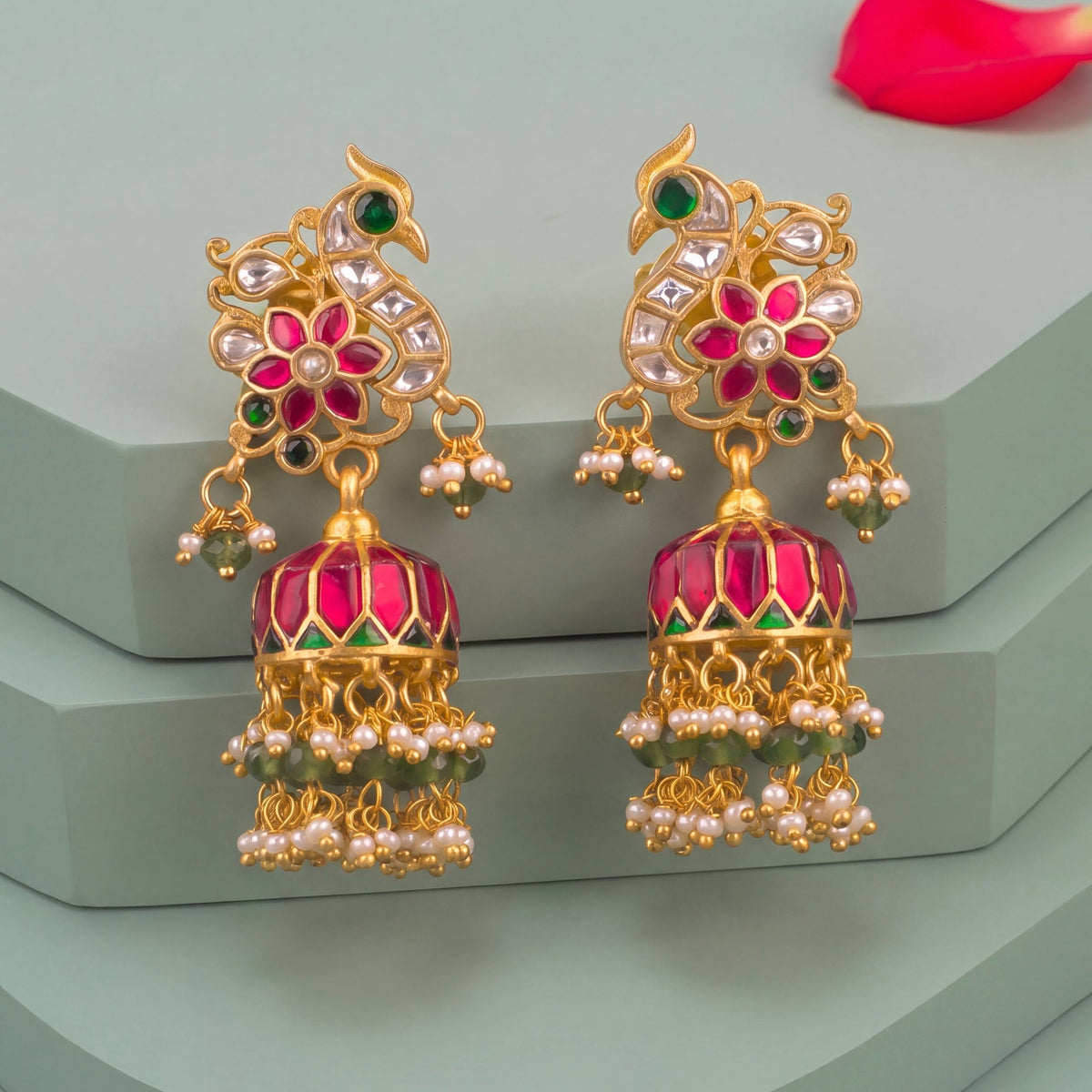 Peacock Studded Jadau Kundan Jhumki Earrings With Pearl & Bead Hanging