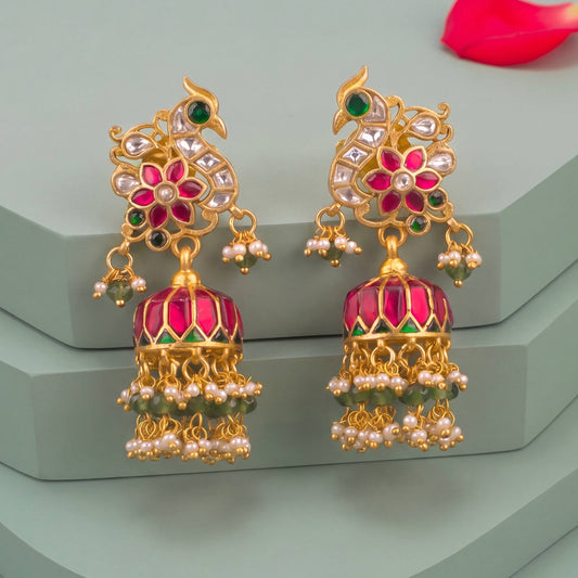 Peacock Studded Jadau Kundan Jhumki Earrings With Pearl & Bead Hanging