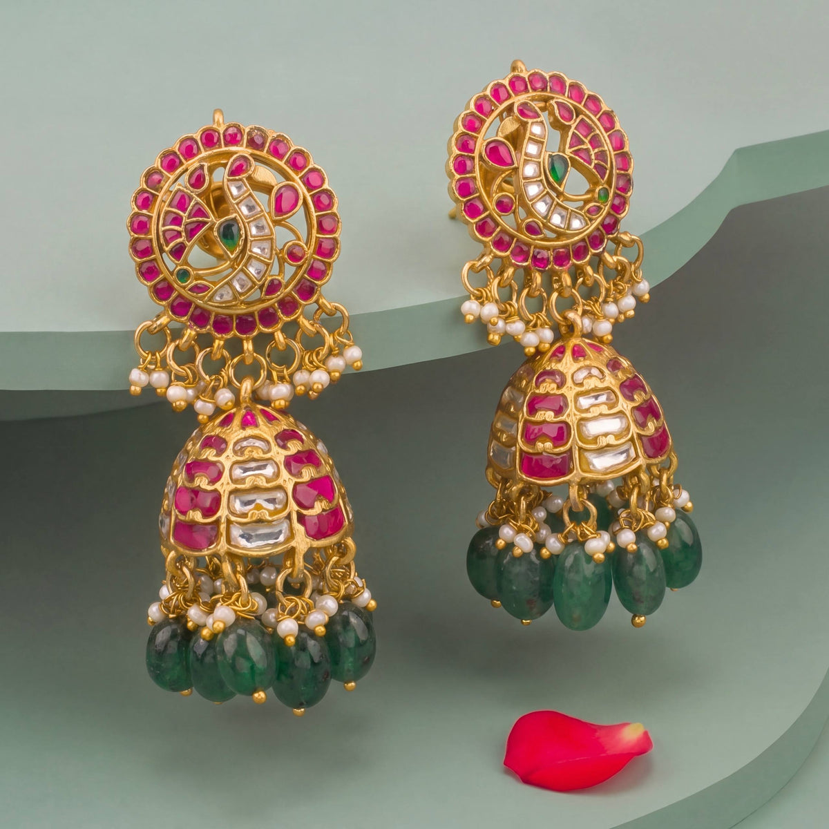 Sparkling Peacock Studded Jadau Kundan Jhumki Earrings