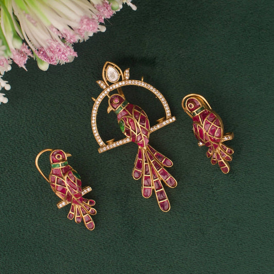 Victorian Polki Bird Pendant Set With Matching Earrings