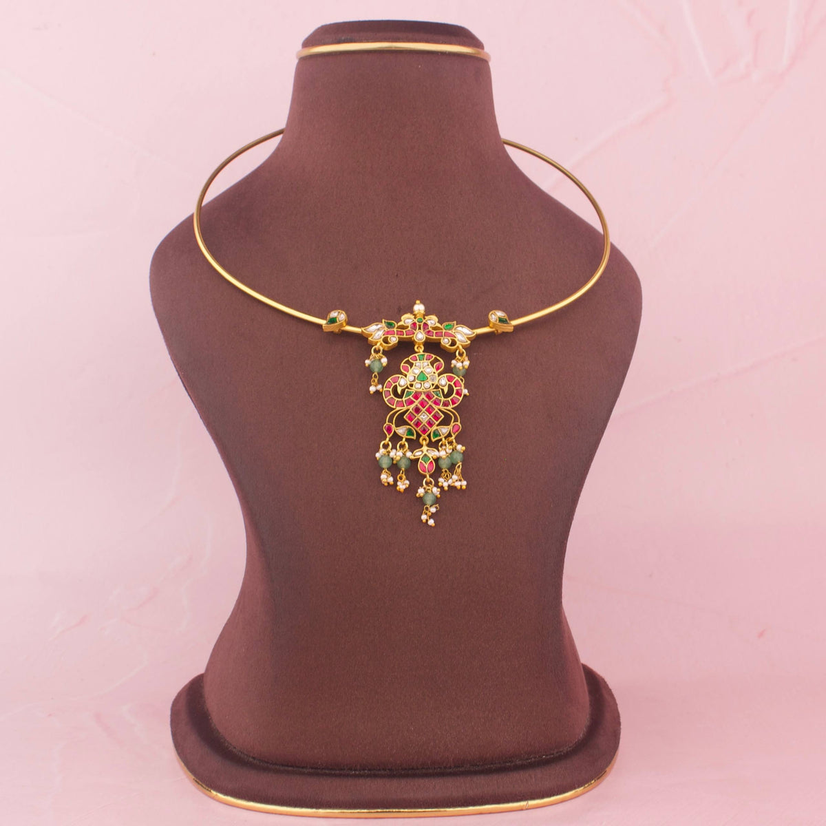 Ethnic Jadau Kundan Kanti With Green Drops - Handcrafted Indian Bridal Jewelry by Dulhan Jewels