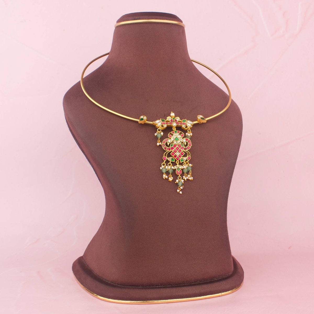 Ethnic Jadau Kundan Kanti With Green Drops Craftsmanship & Detail View - Dulhan Jewels