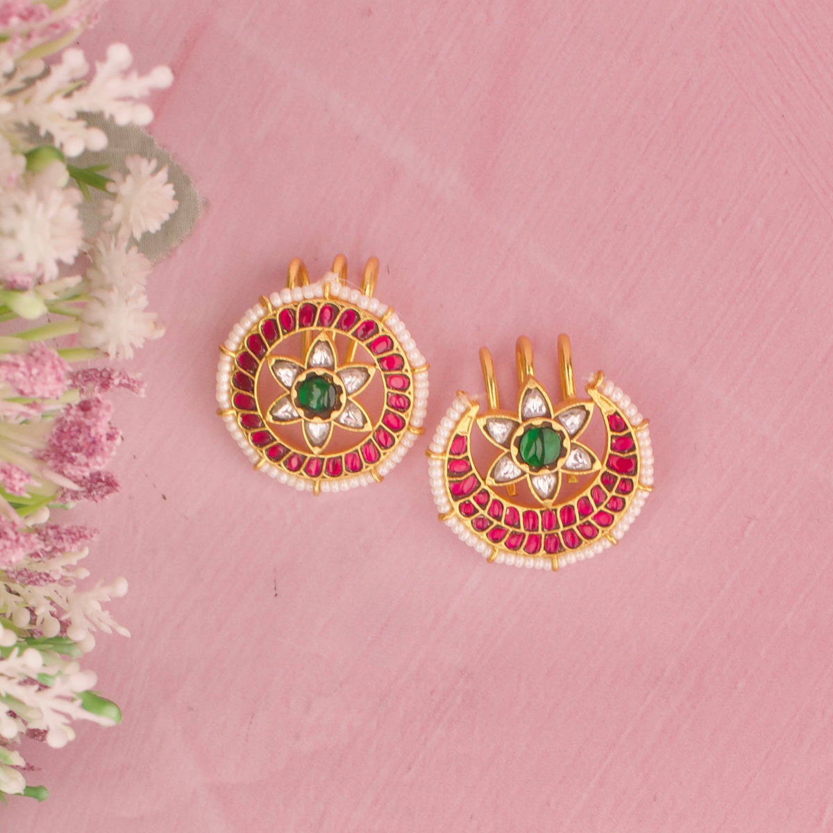 Floral Design Jadau Kundan Sun And Moon Hairpin - Handcrafted Indian Bridal Jewelry by Dulhan Jewels