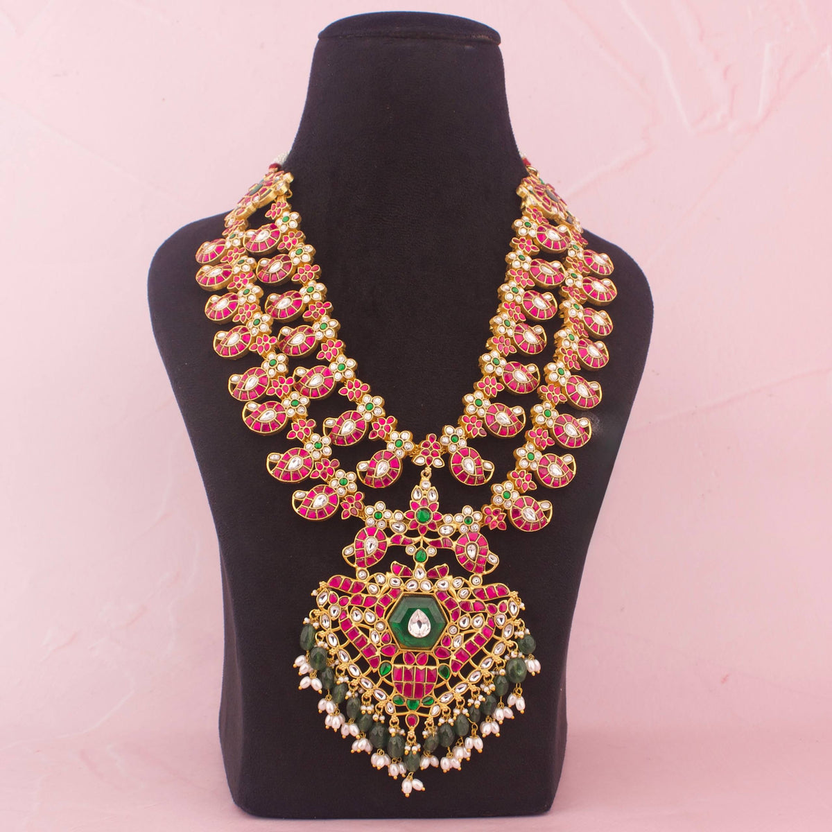 Bridal Jadau Kundan Mango Haram With Strawberry Beads - Handcrafted Indian Bridal Jewelry by Dulhan Jewels