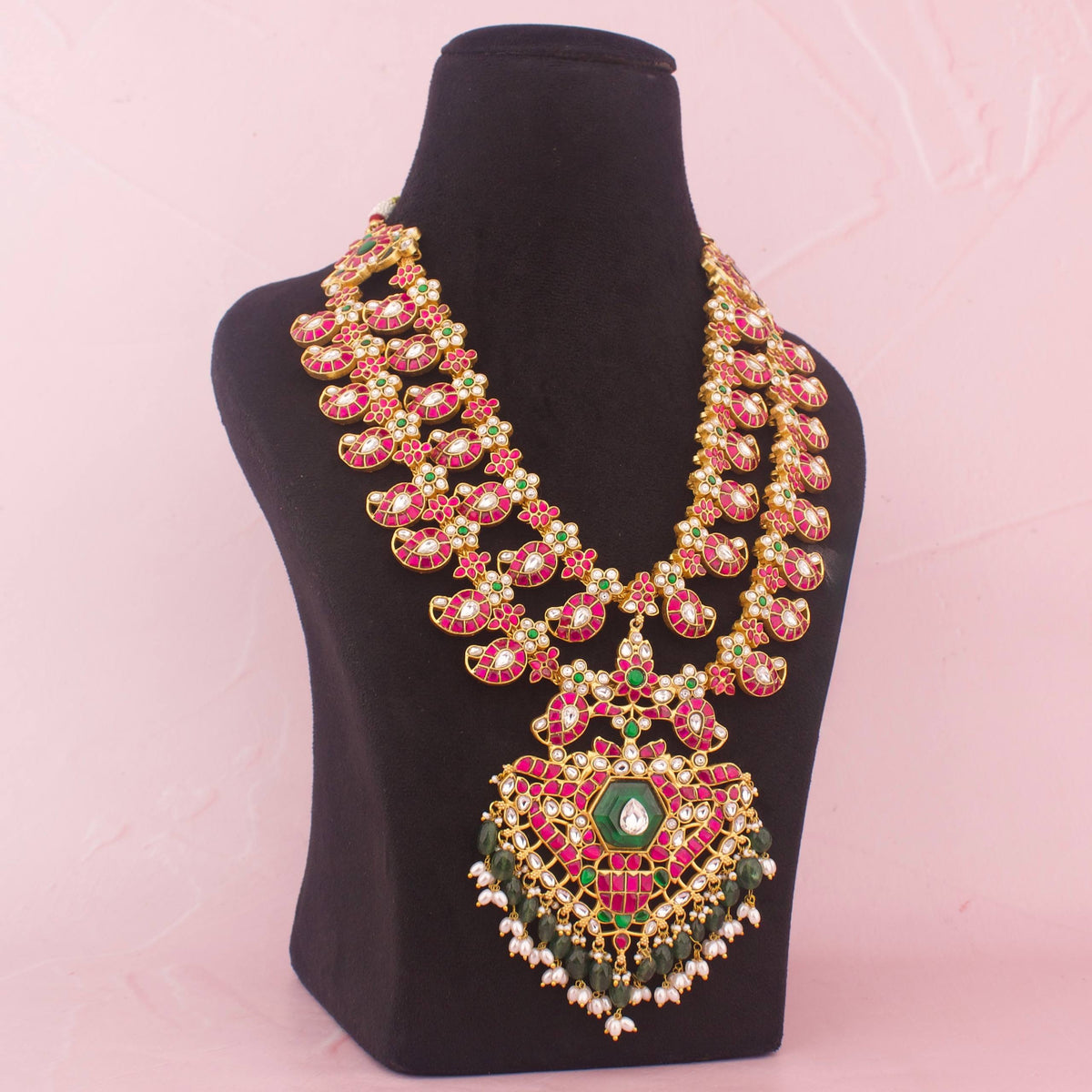 Bridal Jadau Kundan Mango Haram With Strawberry Beads Craftsmanship & Detail View - Dulhan Jewels