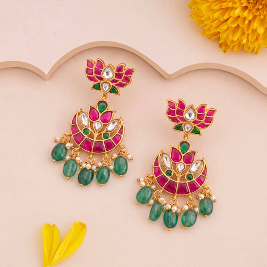 Lotus Design Jadau Kundan Chandbali Earrings With Emerald Drops