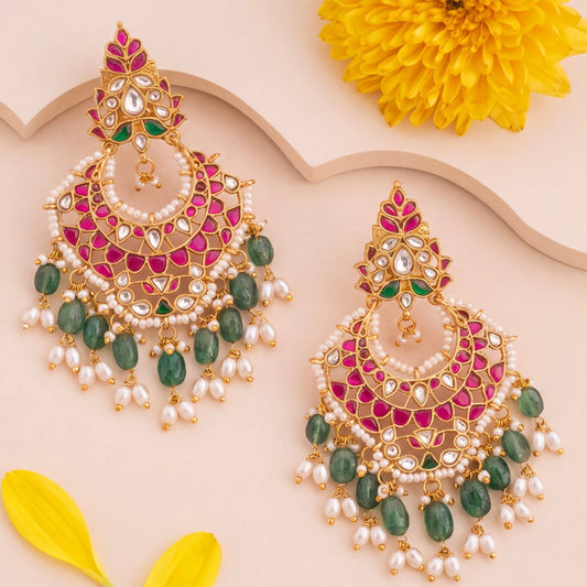 Radiant Jadau Kundan Chandbali Earrings With RicePearl Hangings