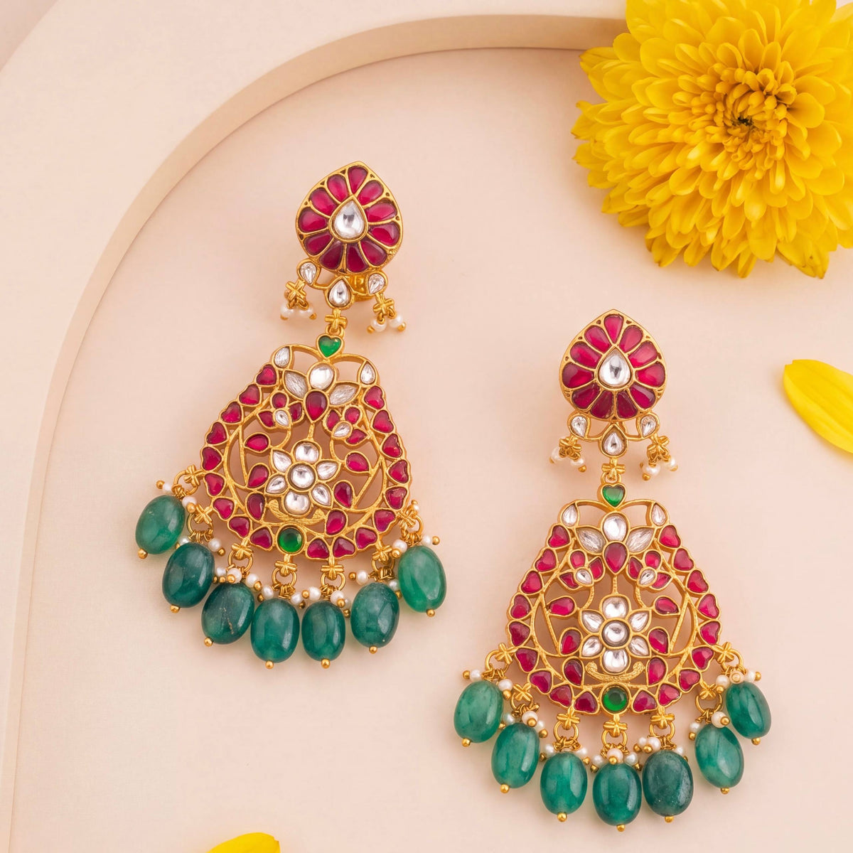 Elegant Jadau Kundan Chandbali Earrings With Emerald Drops - Handcrafted Indian Bridal Jewelry by Dulhan Jewels