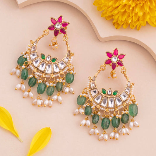 Traditional Jadau Kundan Chandbali Earrings With Ricepearl Hangings