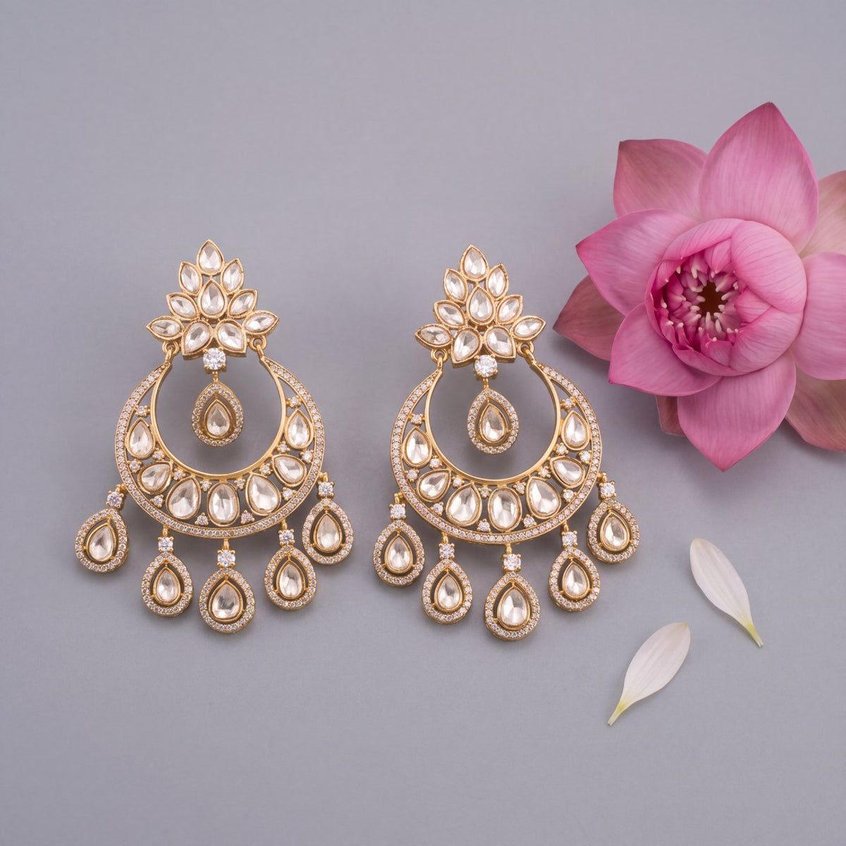 Radiant Victorian Polki Chandbali Earrings With Drops - Handcrafted Indian Bridal Jewelry by Dulhan Jewels
