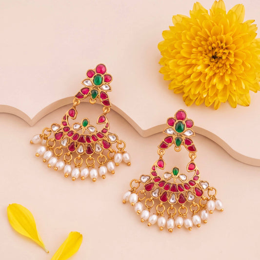 Classic Ruby Green Jadau Kundan Chandbali Earrings With Rice Pearls