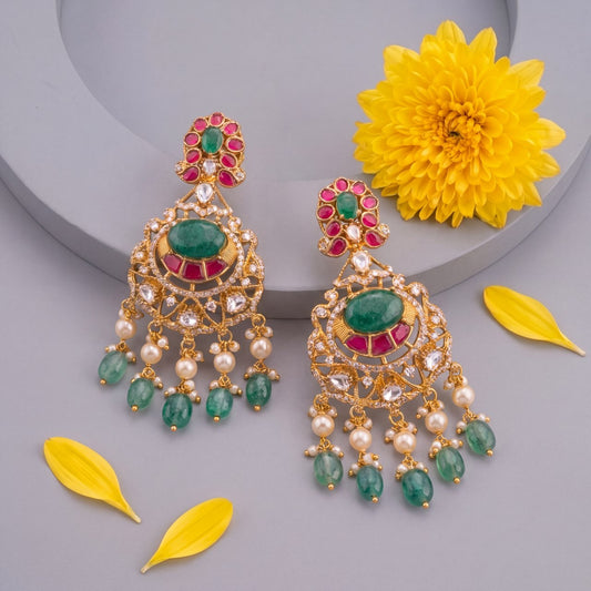 Mehandi Victorian Fusion Kundan & Polki Chandbali Earrings