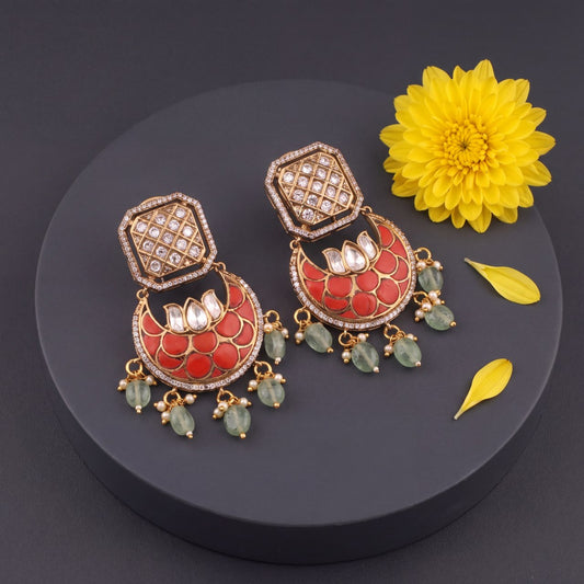 Regal Polki Mehandi Victorian Chand Bali Earrings - Handcrafted Indian Bridal Jewelry by Dulhan Jewels