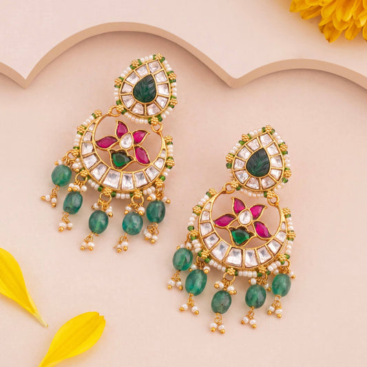 Stylish Jadau Kundan Earrings With Emerald Drops