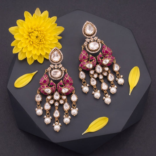 Captivating Polki Mehandi Victorian Chand Bali Earings With Swarovski Pearl