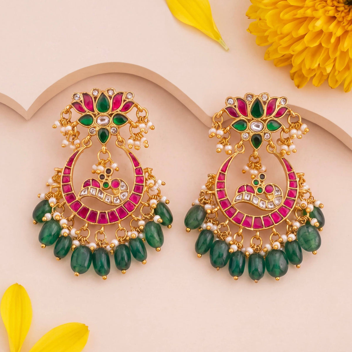 Designer Jadau Kundan Chandbali Earrings With Emerald Beads - Handcrafted Indian Bridal Jewelry by Dulhan Jewels
