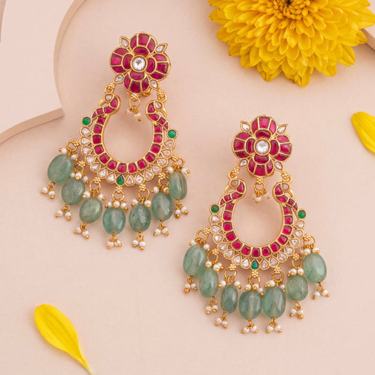 Floral Studded Jadau Kundan Chandbali Earrings With Beads Hangings