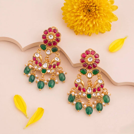 Peacock Design Jadau Kundan Chandbali Earrings With Studded Floral Top And Emerald Green Beads