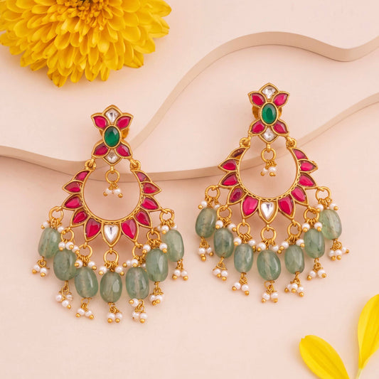 Dazzling Floral Design Jadau Kundan Chand Bali With Russian Beads Hanging