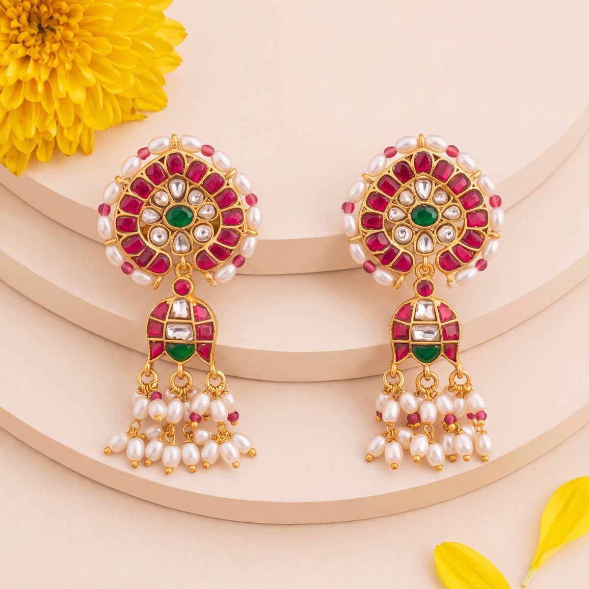 Jadau Kundan Pearl Bordering Hanging Earrings - Handcrafted Indian Bridal Jewelry by Dulhan Jewels
