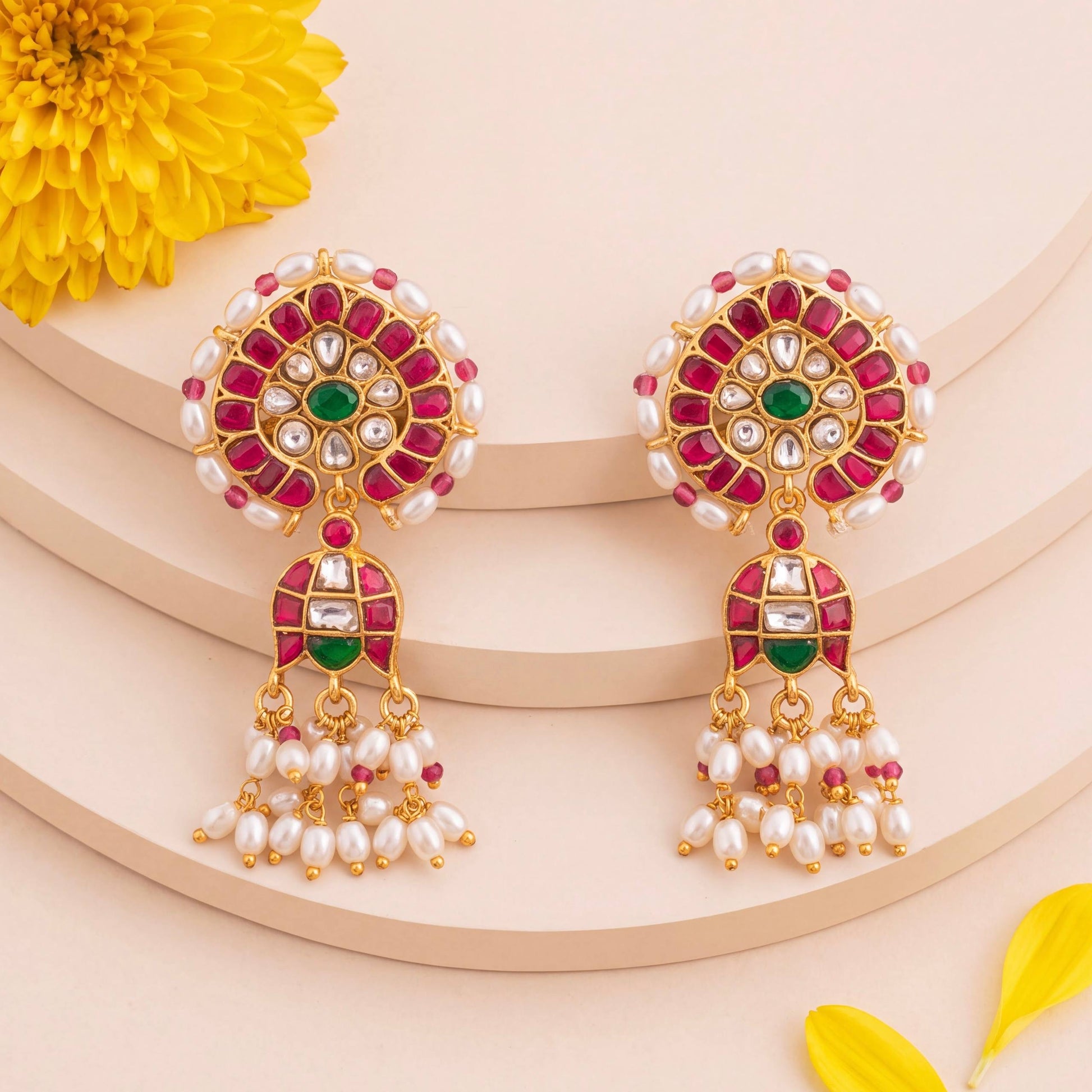 Jadau Kundan Pearl Bordering Hanging Earrings - Handcrafted Indian Bridal Jewelry by Dulhan Jewels