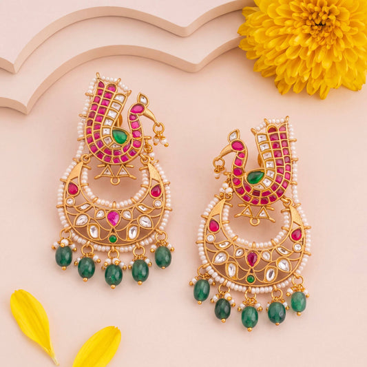 Regal Peacock Studded Jadau Kundan Chandbali Earrings